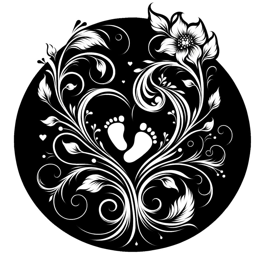 a black circle with a floral design and baby feet in the middle of the design.