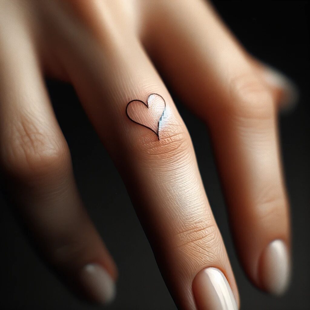 This image shows a small heart tattoo drawn in black on a finger