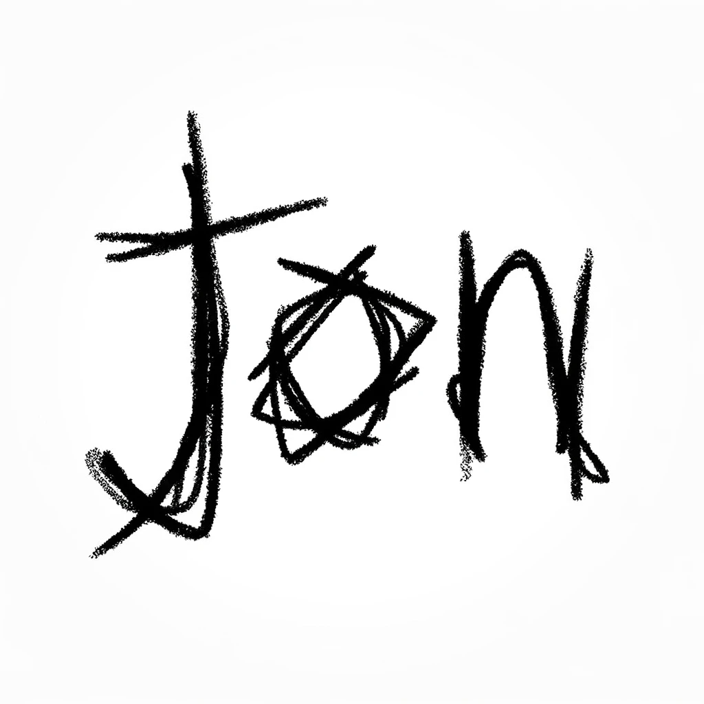 this is the word Jon in sketchy handwriting like it was written by a child
