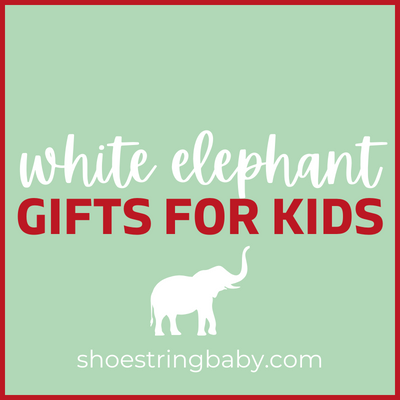 this is a square image with a green background with text that says white elephant gifts for kids, with a white elephant graphic underneath