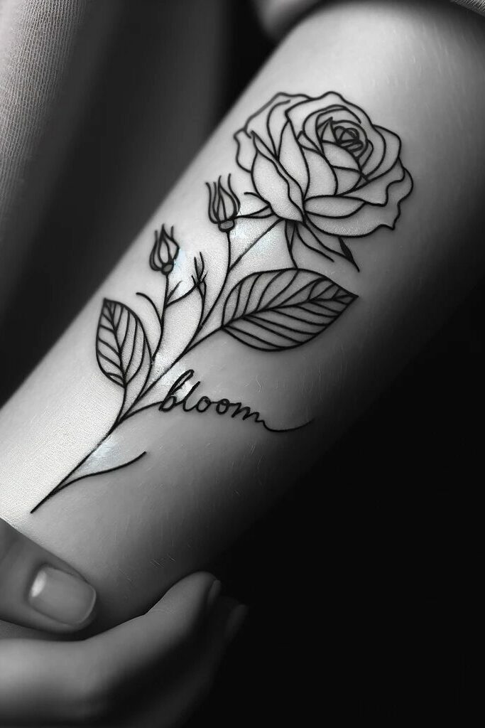A rose tattoo in black on a bicep with the word 'bloom' as one of the leaves