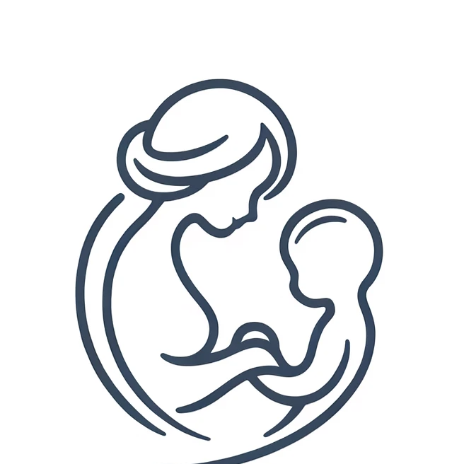 This is a simple line drawing of a mother holding the hand of a baby