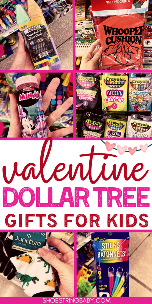 this is a collage of thumbnails of items at dollar tree that work as valentine's gift for kids, like chalk and bubbles. the text says valentine dollar tree gifts for kids