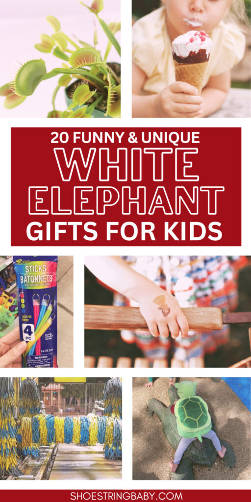 this is a collage image that shows thumbnails of kid-friendly white elephant gifts including a venus fly trap, car wash and ice cream. the text says funny & unique white elephant gifts for kids