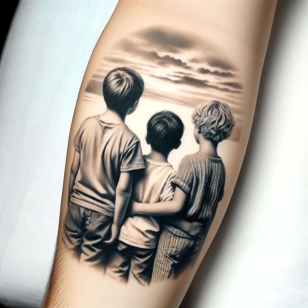 This is a black and white tattoo on an arm showing three boys looking out in the distance