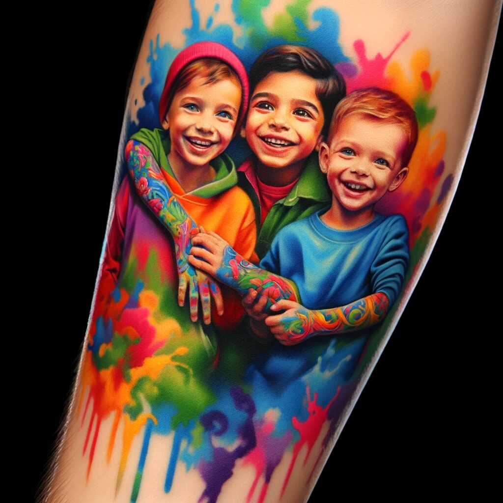 This is a colorful tattoo showing three little boys with the middle boy hugging the two other boys