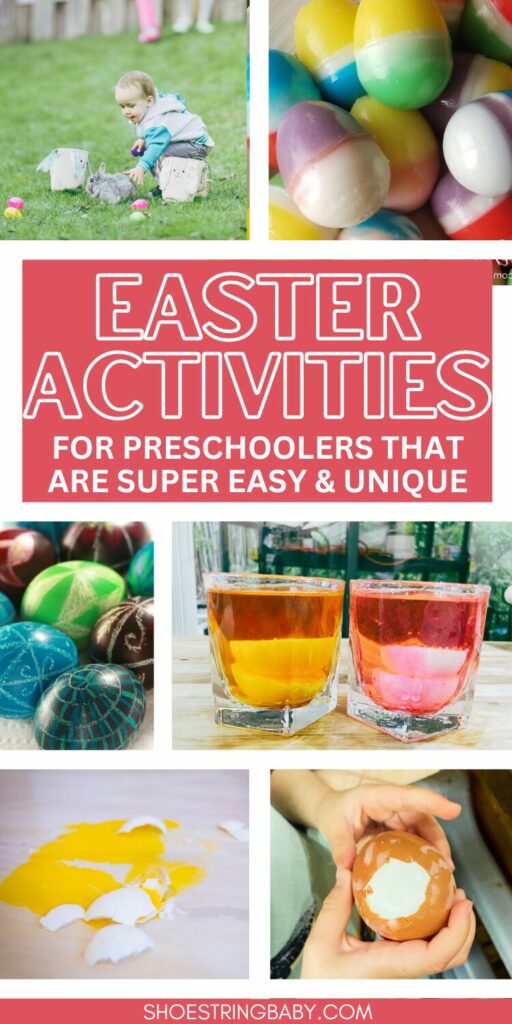this is a collage image of easter activities including dying eggs, easter egg jell-o and easter egg hunt. the text says easter activities for preschoolers
