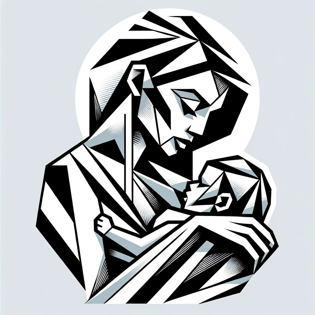 This shows a mother holding a baby. They are drawn through geometric shapes and lines to represent their images. 
