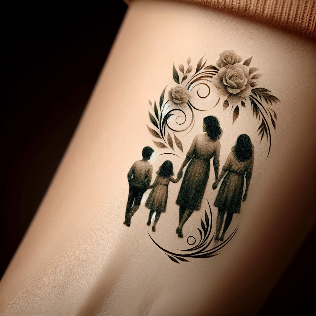 this is a simple black and grey tattoo of a mom walking holding hands with three kids with flowers around it