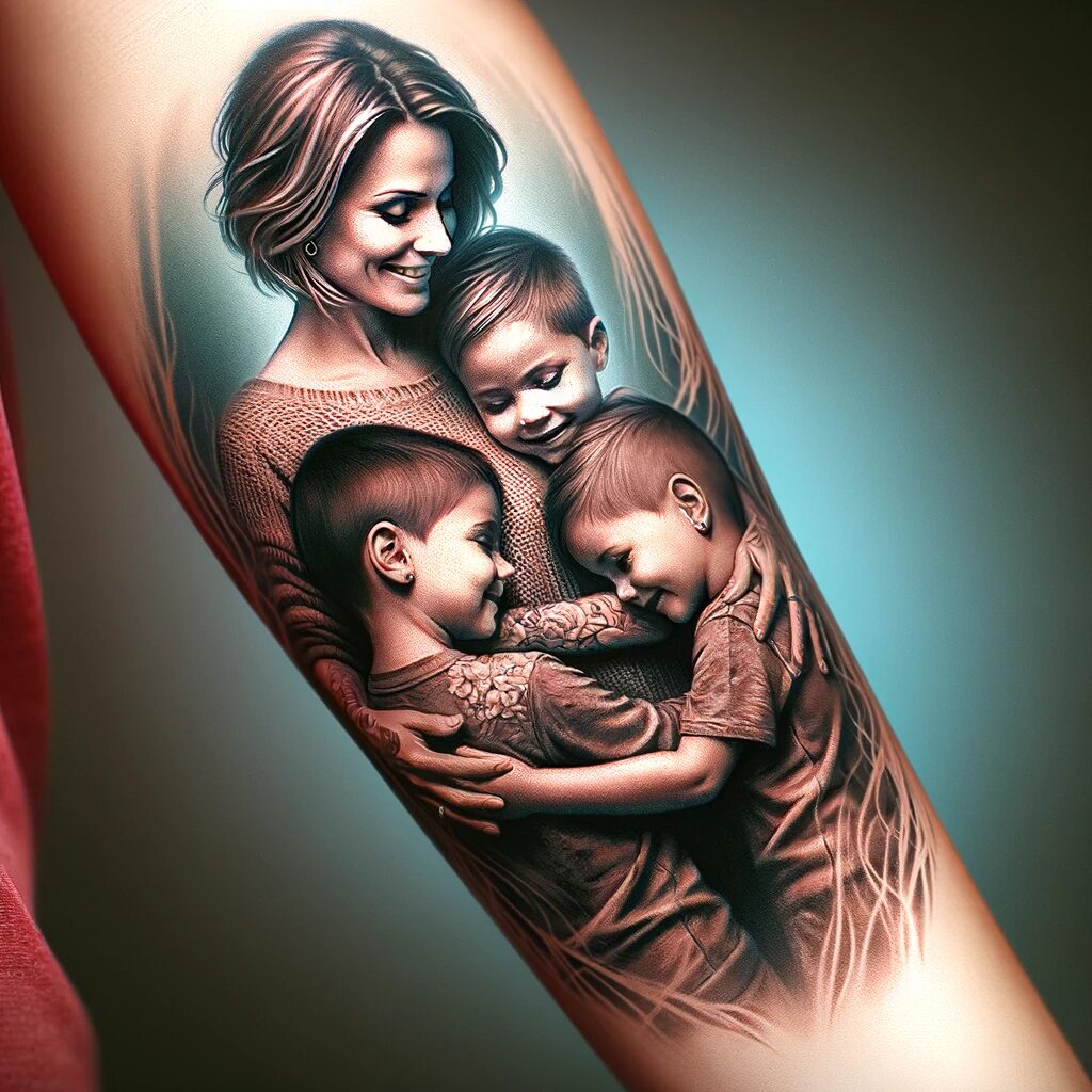 this is a portrait tattoo of a mom holding three sons