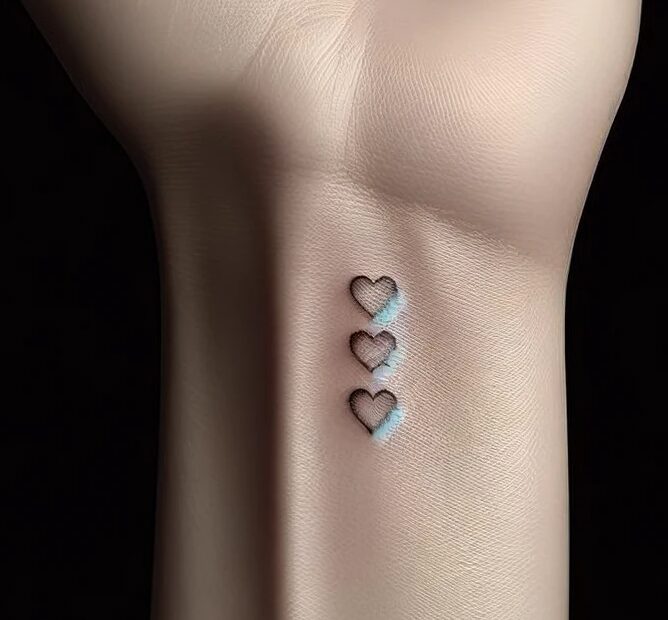this is a tattoo on a wrist of three small hearts in a vertical row
