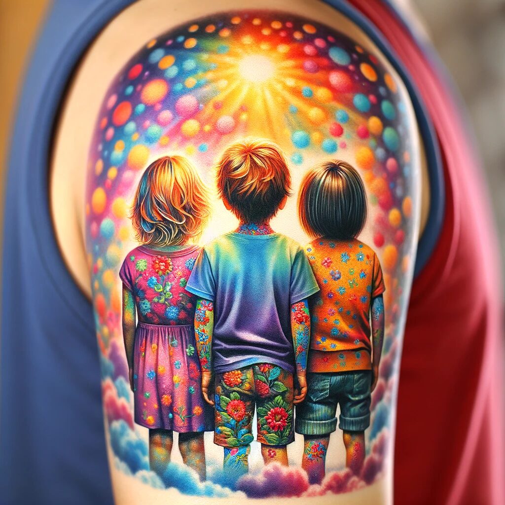 This is a very colorful and cosmic looking shoulder tattoo showing three colorful kids looking out at the sun