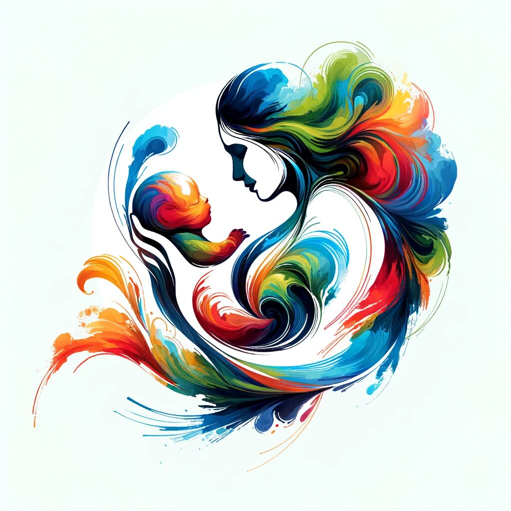 This is a colorful depiction of a mother holding a baby, drawn as flowing colors and lines. 