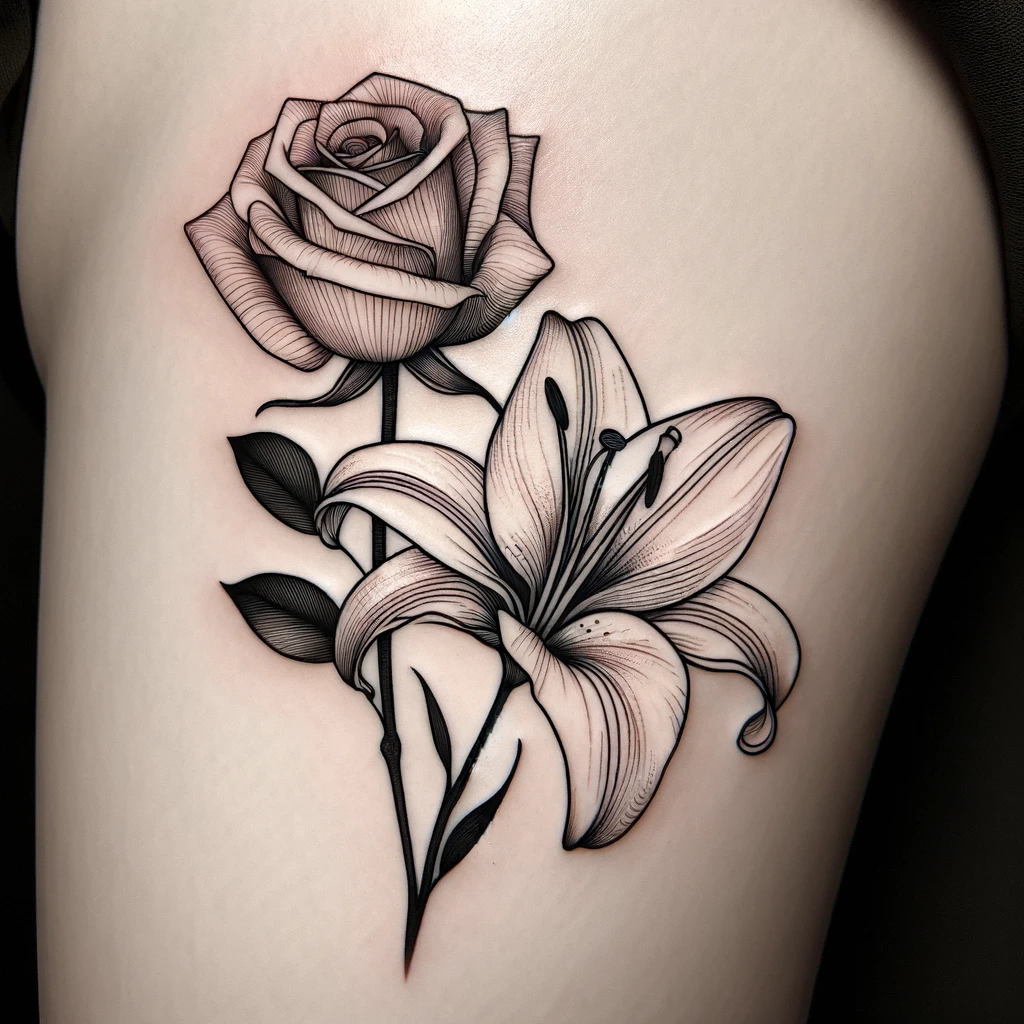 A tattoo of a rose and lily in black on a bicep