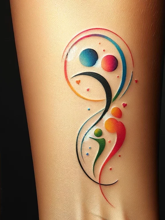 an abstract tattoo of colorful swirling lines and two line figures with little hearts around them