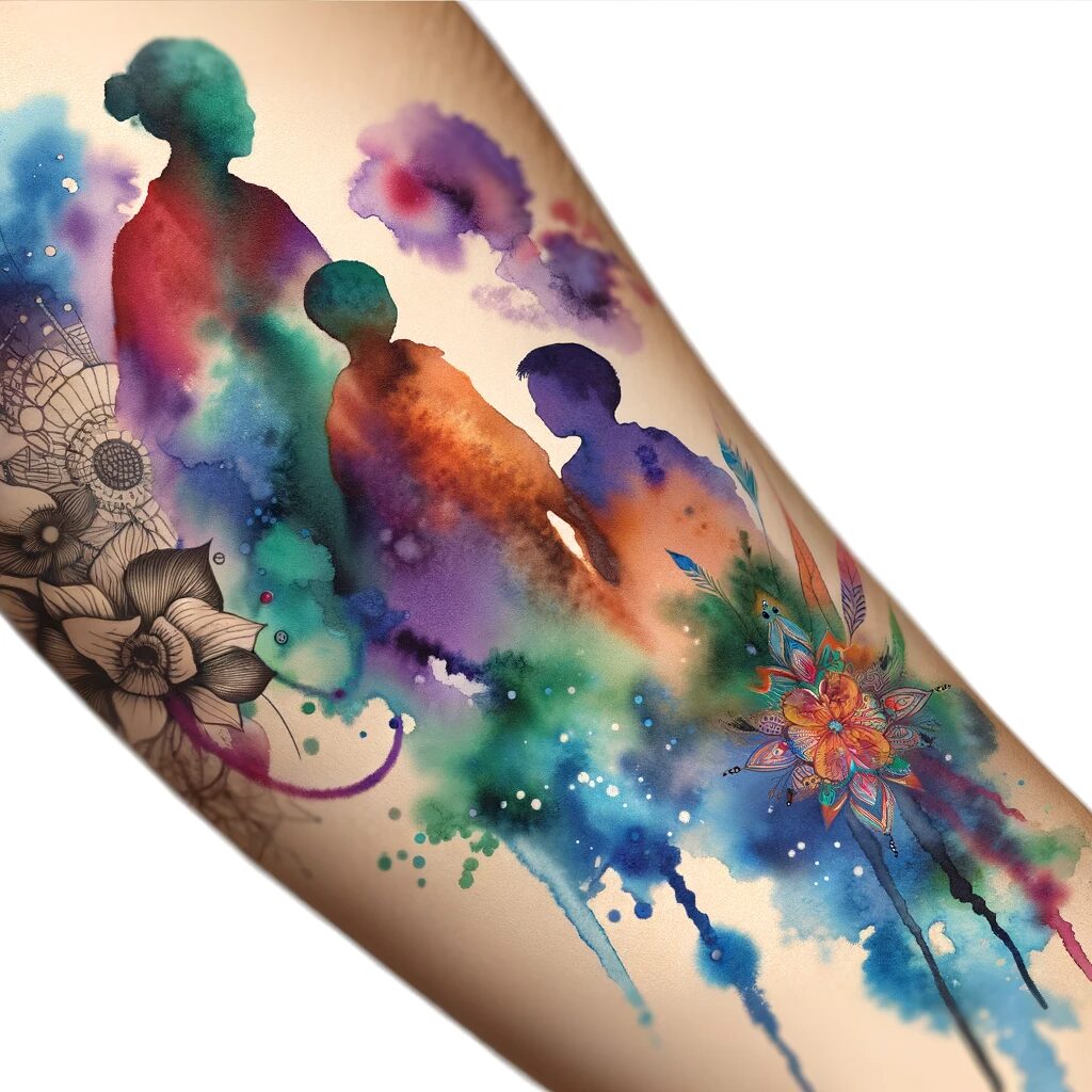a tattoo that looks like dripping water colors in blue, green and purple shades with figures of a mom and two kids