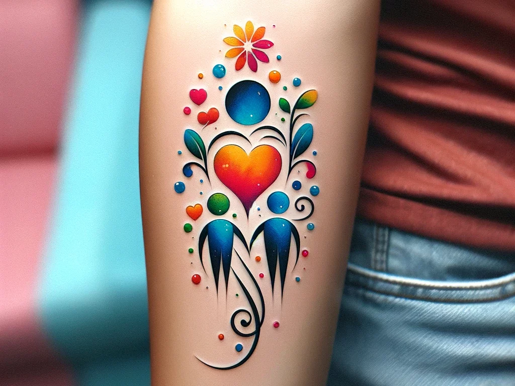 A colorful design of two people symbols surrounded by hearts, leaves, flowers, circles and lines.