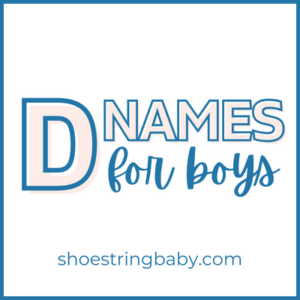 A white square with an dark blue line border with text in the middle that says D names for boys