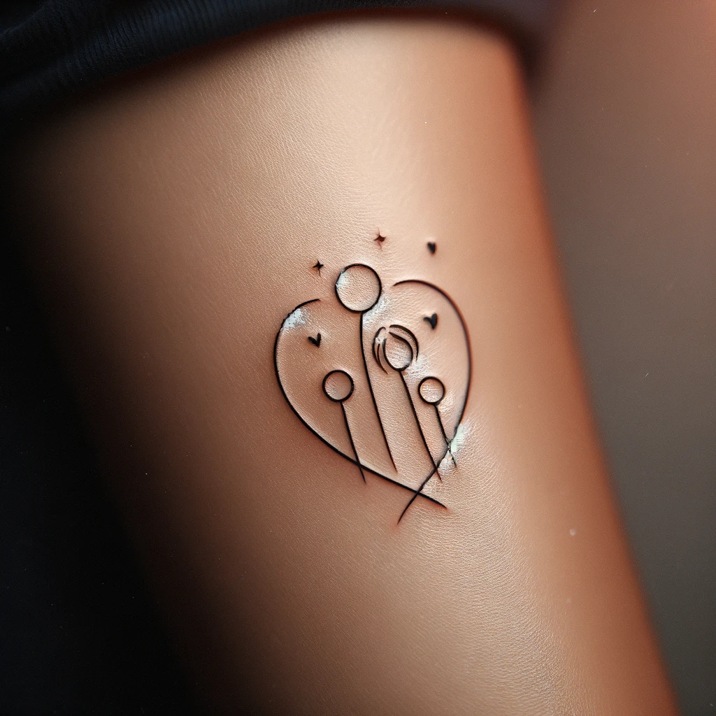 A tattoo that is a very simple line drawing representation of a family of four, where each person is a circle and line for a body. the family is inside a simple line heart. 