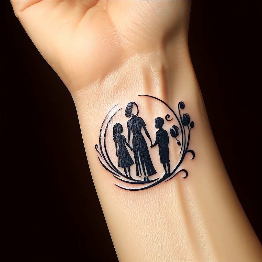 a wrist tattoo of black figures of a mom and a son and a daughter holding hands with a circle around them