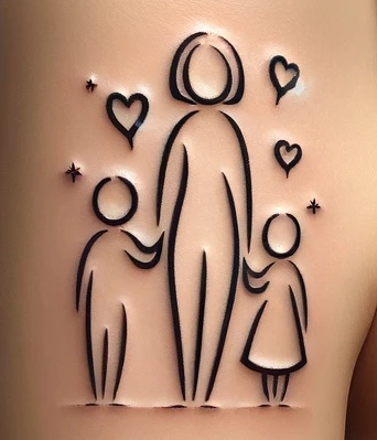 Simple drawing of a mom with a son and daughter, drawn with simple lines and no faces