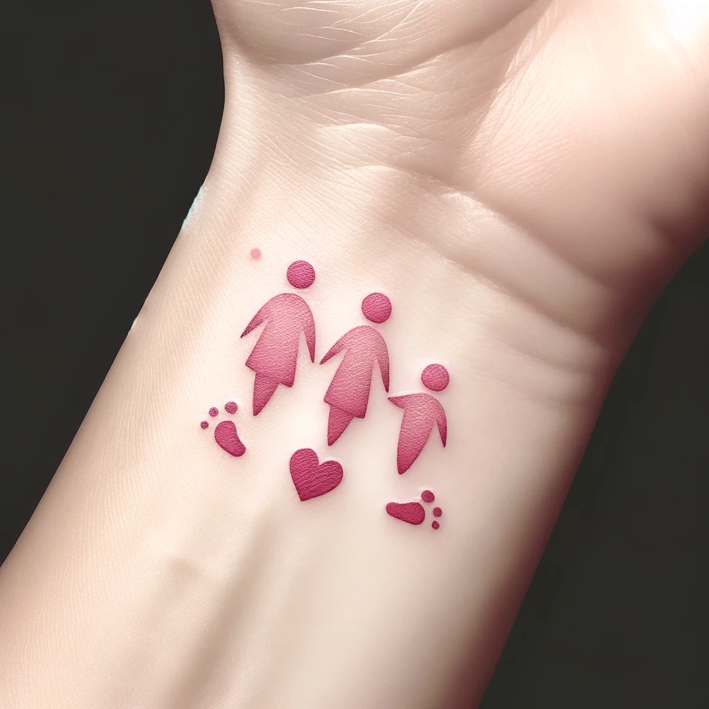 A wrist tattoo of a mom with two kids as simple symbols in pink, with little feet print and a heart underneath