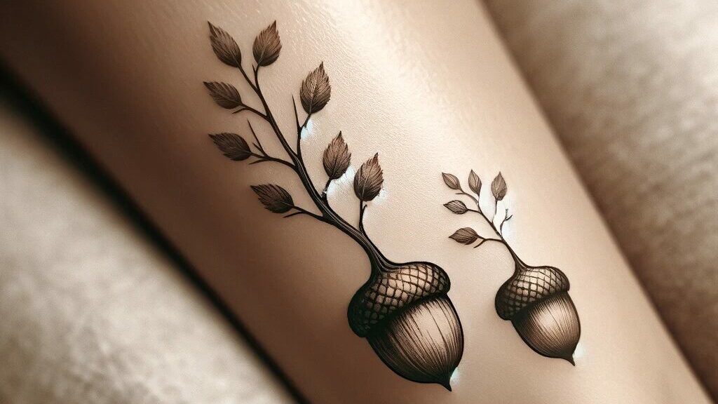 a tattoo of two acorns with little trees growing out of them