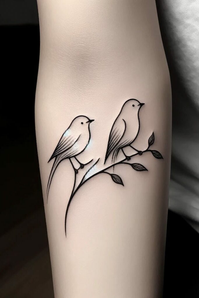 an inner arm tattoo of two simply drawn birds on a thin branch
