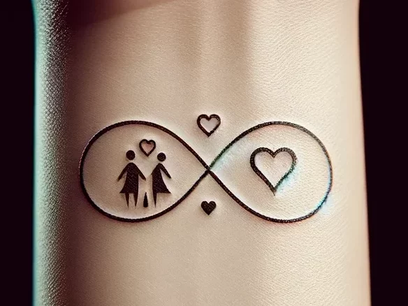 A tattoo of an infinity symbol with two stick figure girls and little hearts around them
