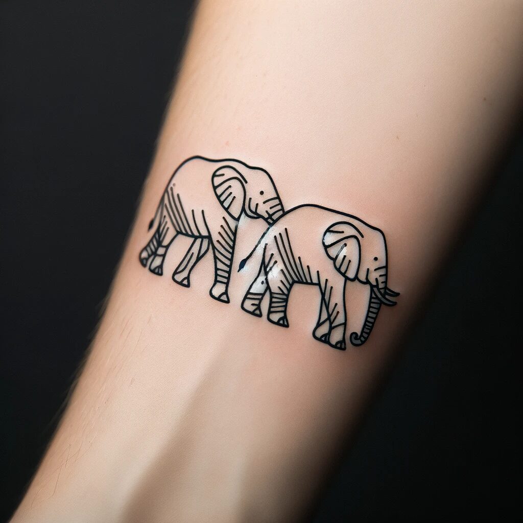 An arm tattoo of two elephants drawn with simple lines in a row