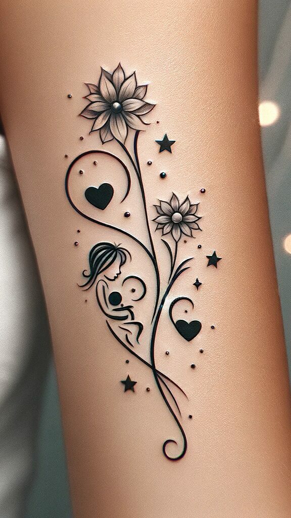 An abstract line design with two flowers, hearts and stars, and a mom drawn with lines holding a baby. This image is shown as an upper arm tattoo