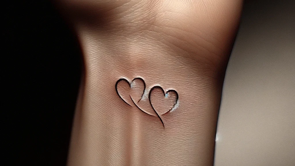 a very small and simple wrist tattoo of two hearts interconnected