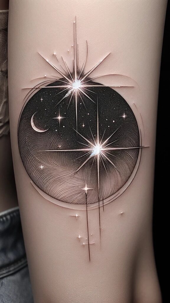 A celestial themed tattoo that is a circle with two large stars and many little stars and a thumbnail moon. 