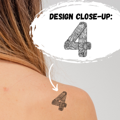 a tattoo on the shoulder with a close up of the design showing a number four made of a cool pattern