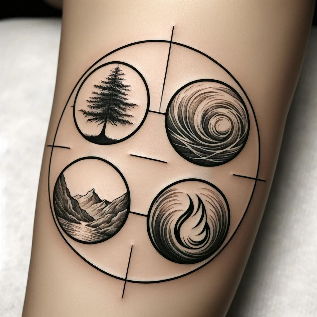 a tattoo of the four elements (earth, wind, water, fire), each in a circle with a circle around them