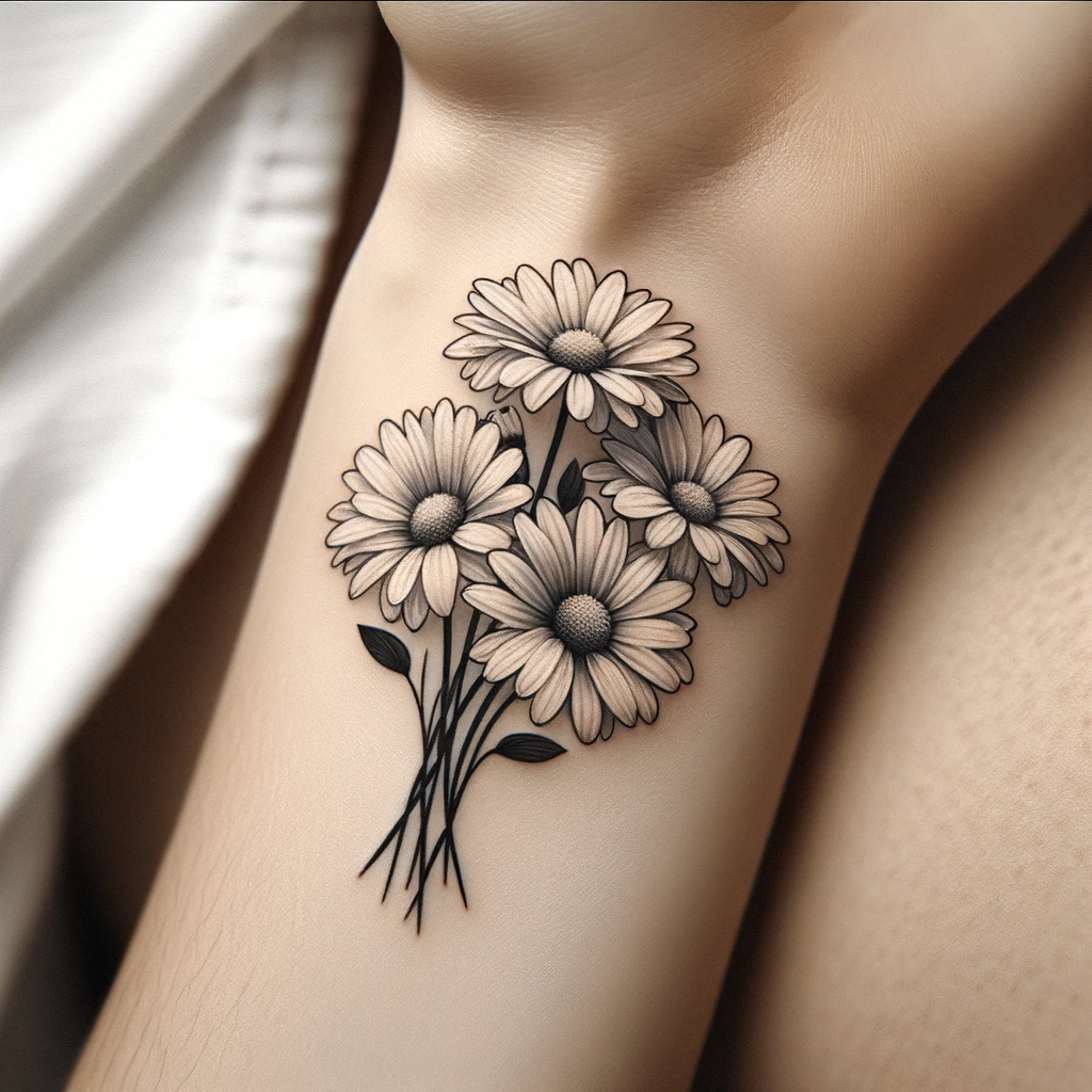 a wrist tattoo of four daisies in a bouquet