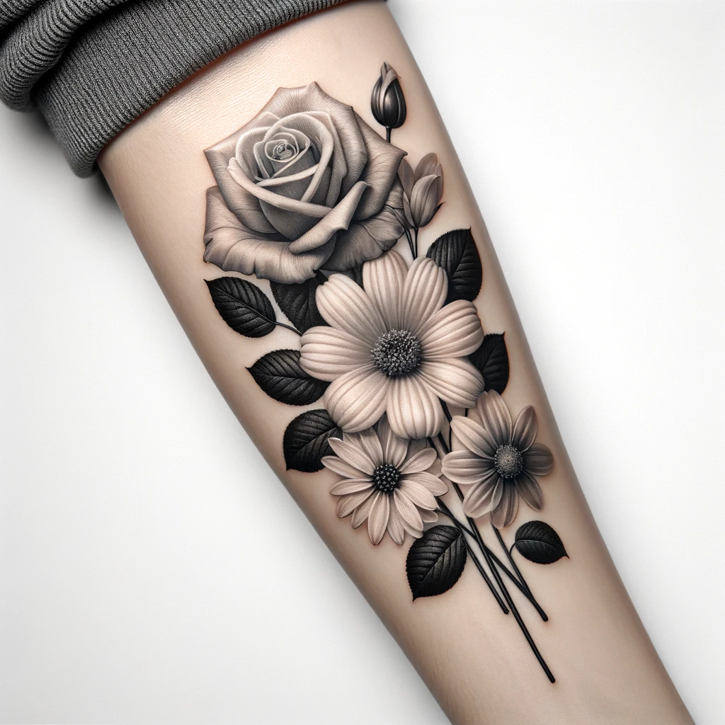 a forearm tattoo of a bouquet of four flowers