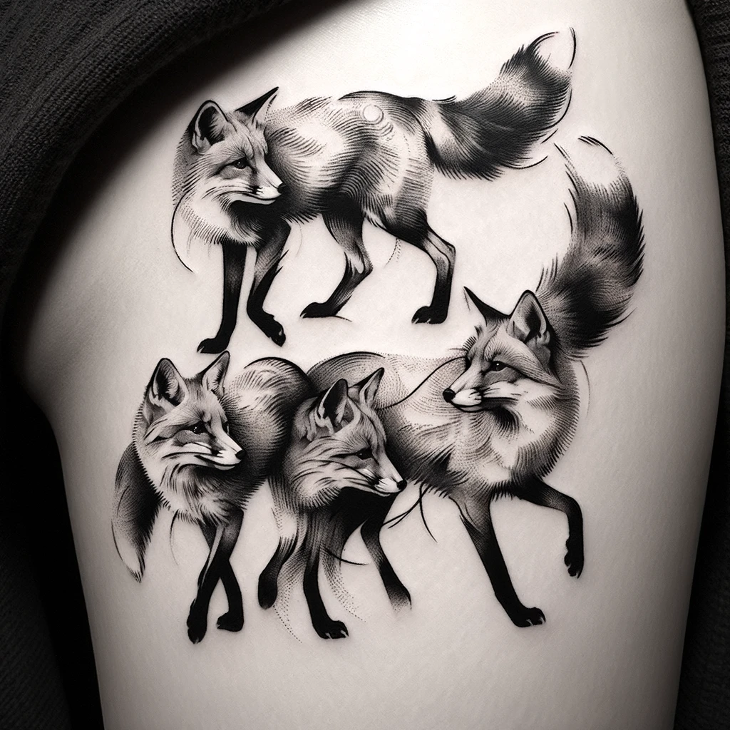 a tattoo of four foxes in black and white