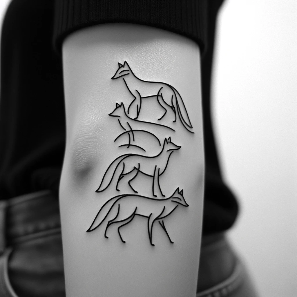 a line sketch of four foxes as a tattoo on the arm