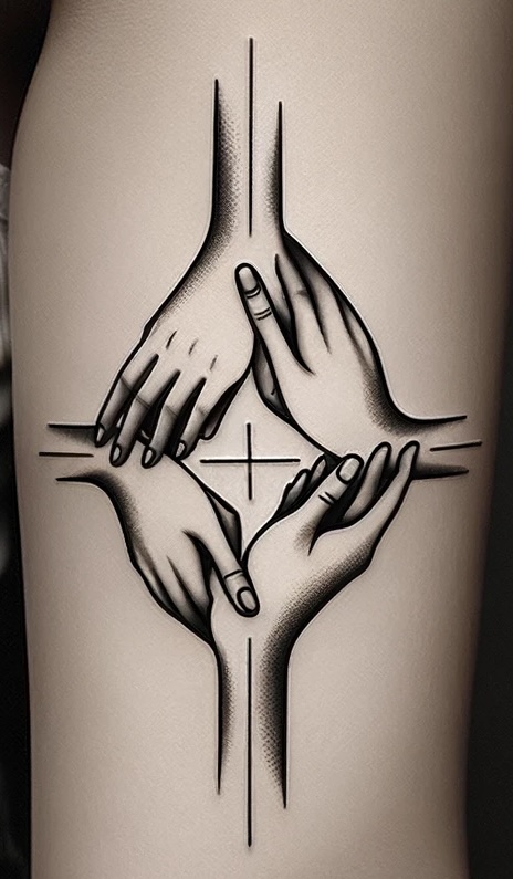 a tattoo of four hands in a circle lightly holding each other