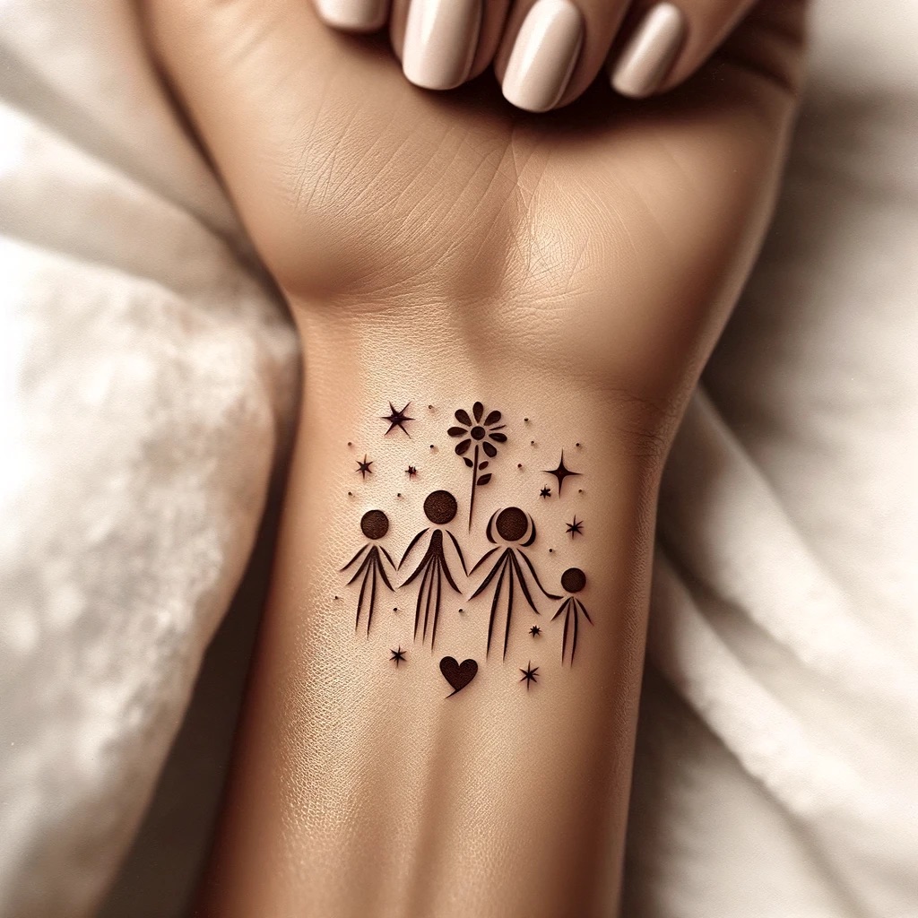 wrist tattoo of four stick figure-style kids