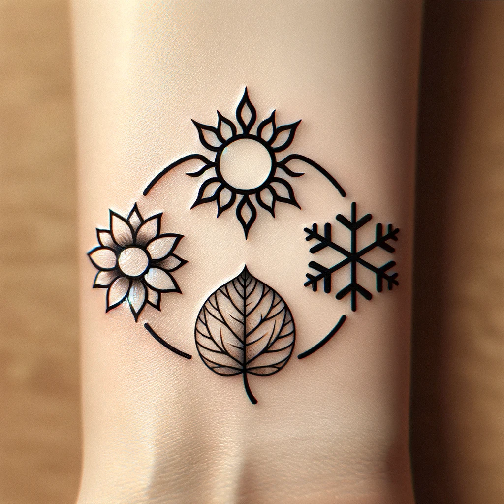 a tattoo of symbols for the four seasons (sun, snowflake, leaf and flower) in a circle