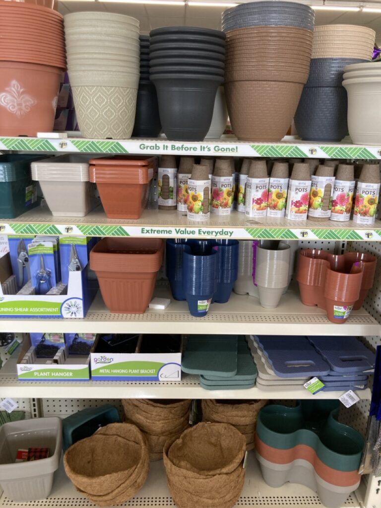shelves at the dollar tree with gardening supplies