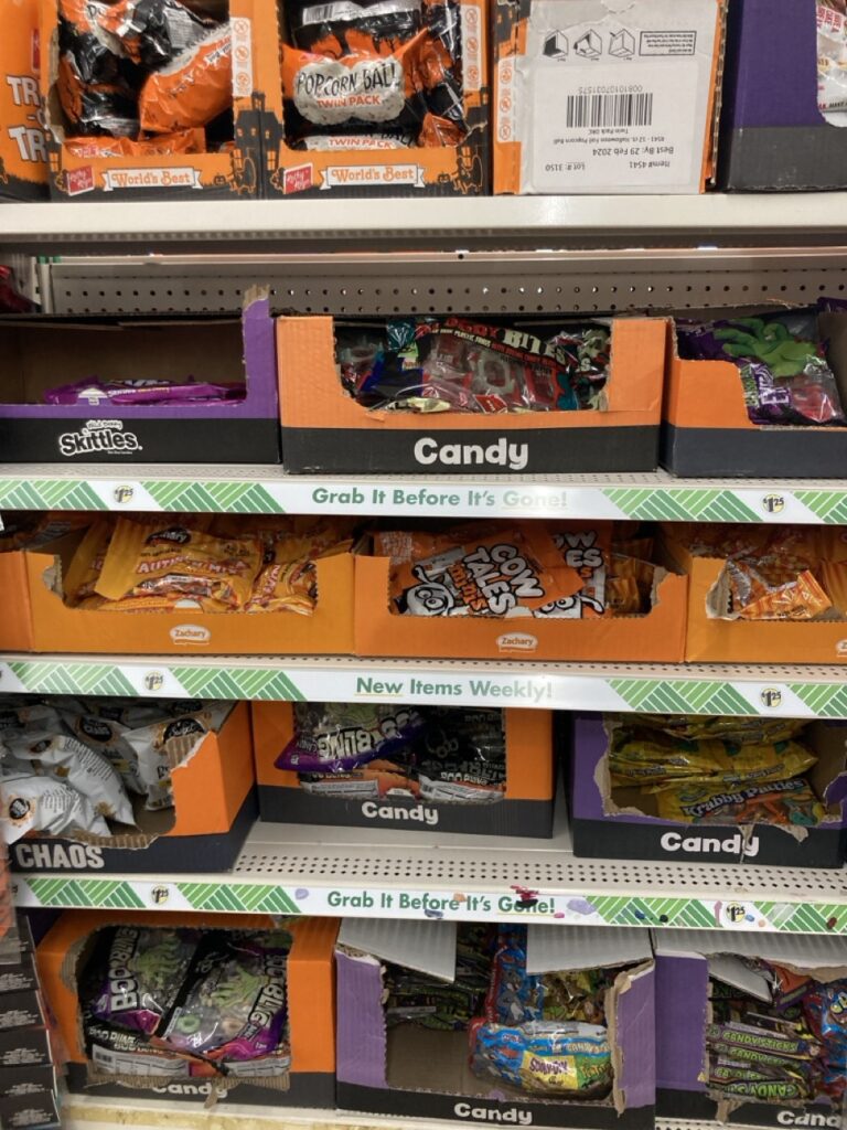 Shelves of candy boxes at the dollar tree