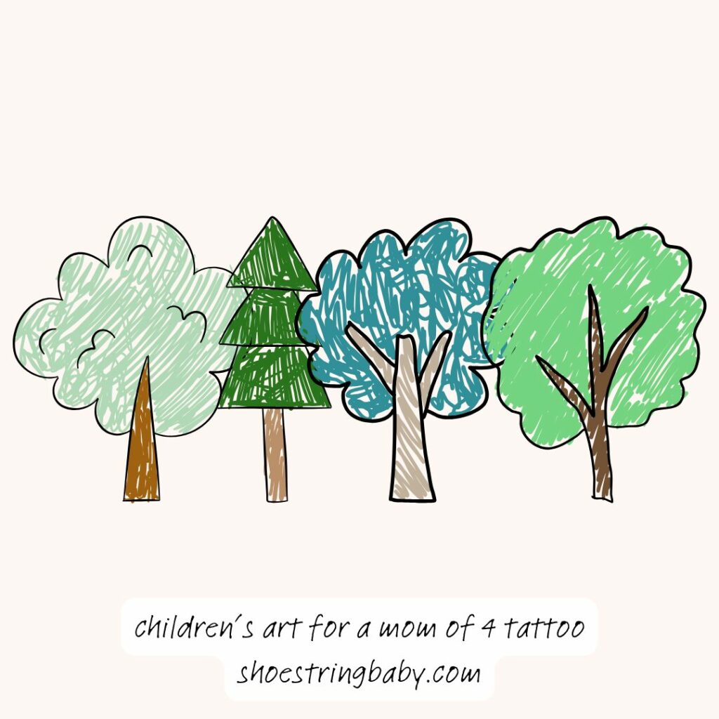 four sketches of trees that look to be drawn by a child in a line