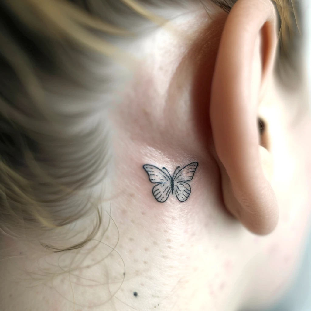 small black butterfly tattoo behind the ear lobe on a girl
