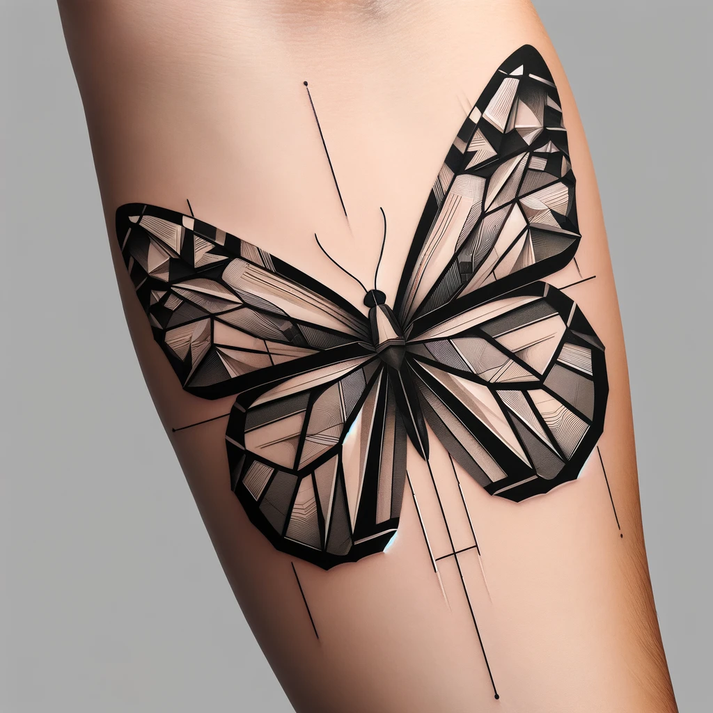 a geometric black butterfly tattoo on an arm