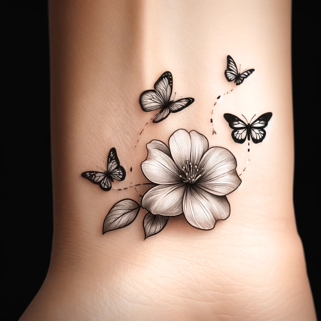 a tattoo design of a flower with four butterflies flying around it