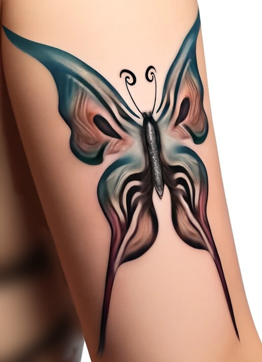 an artistic butterfly tattoo in shades of blue and brown