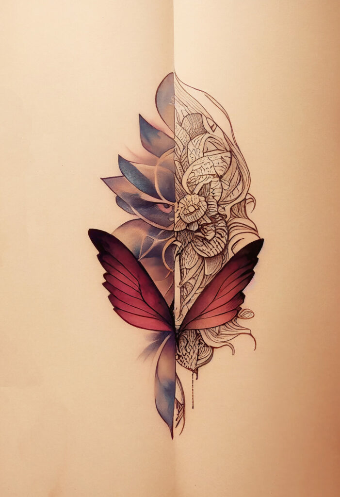 artistic tattoo design with butterfly wings